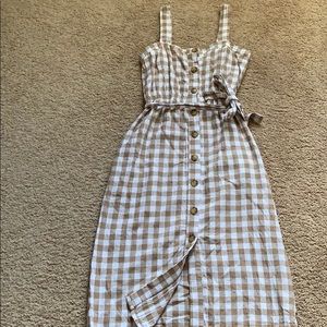 Linen button down gingham midi dress